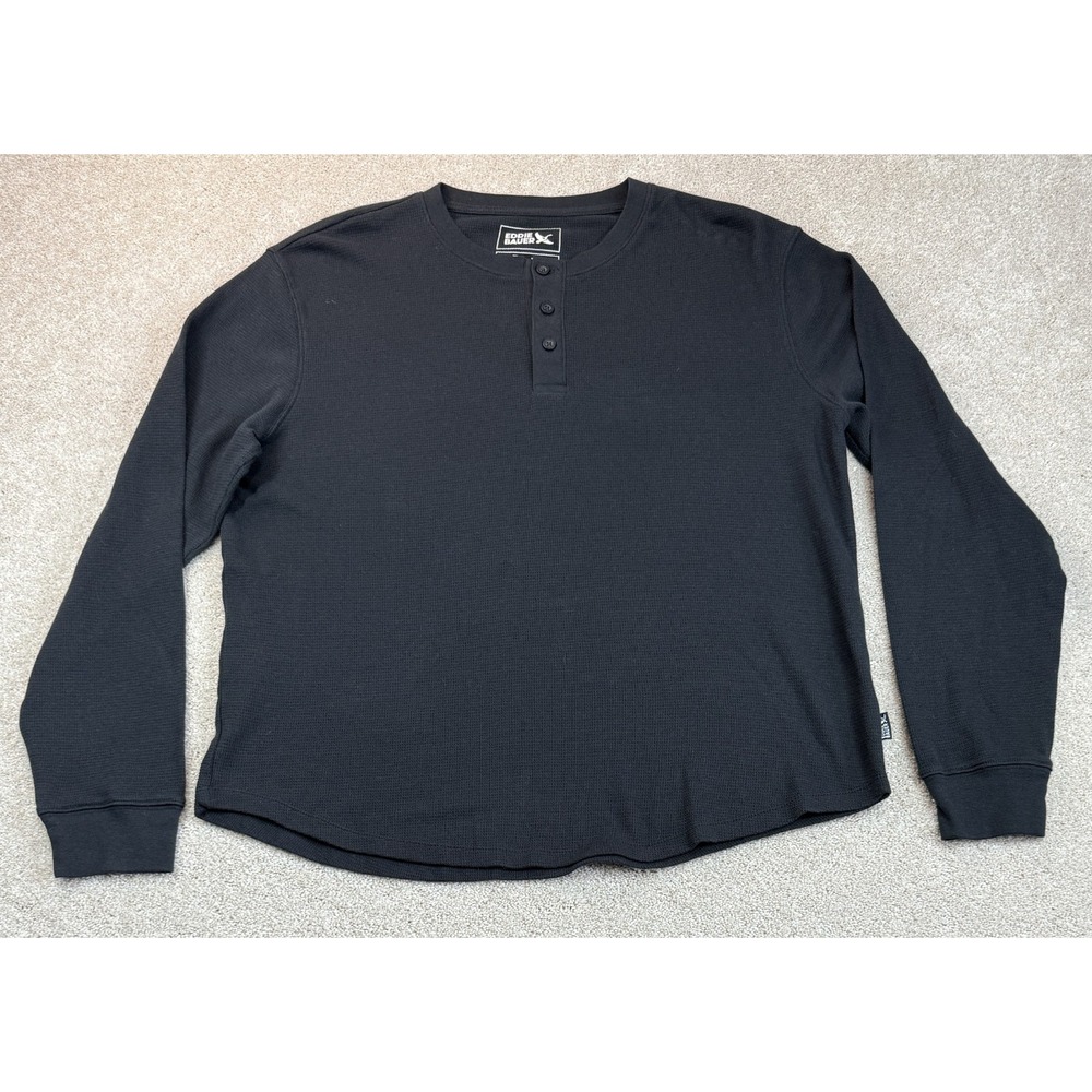 Eddie Bauer Men's Henley Shirt Size XL Black Waffle Knit Thermal Long Sleeves